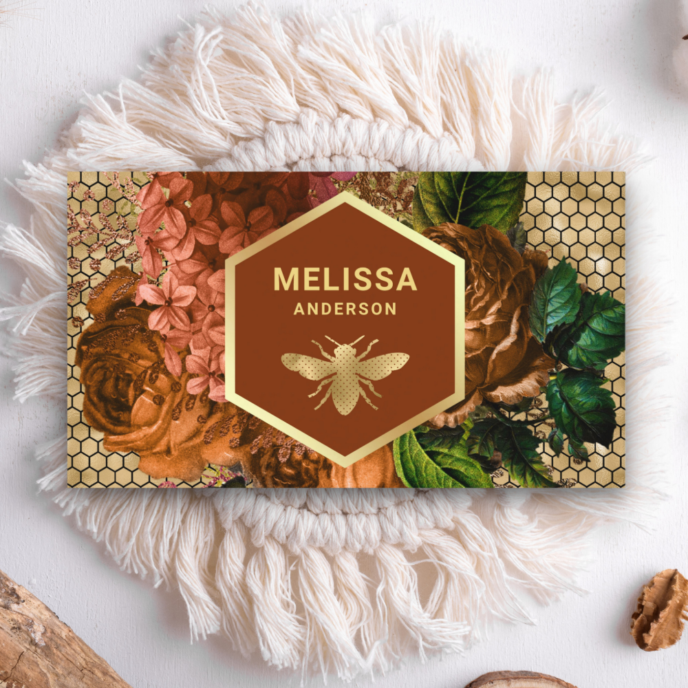 Terracotta Floral Gold Foil Honeycomb Honey Bee Business Card
