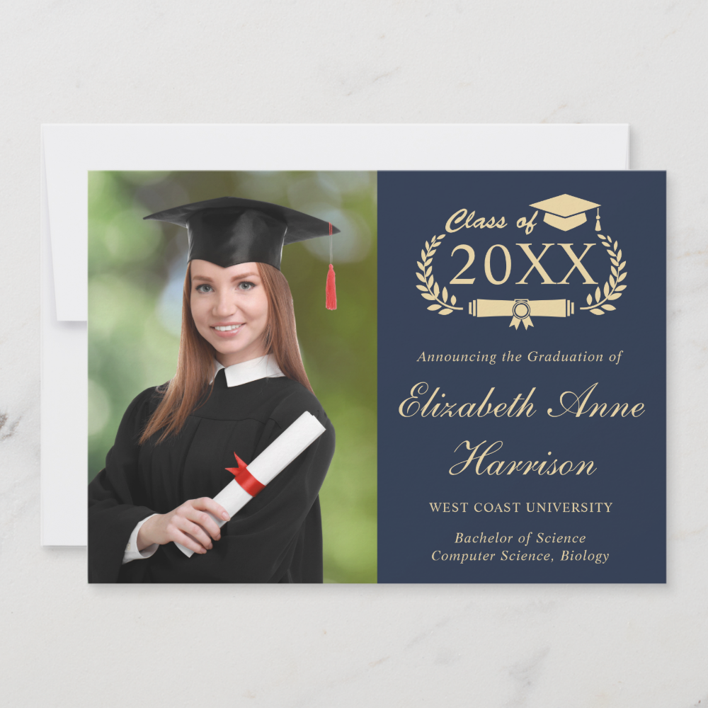 Elegant Script Photo Blue College Graduation Announcement