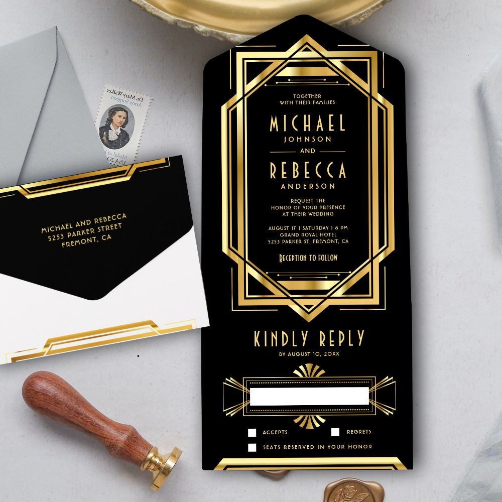 Great Gatsby Black and Gold Foil Art Deco Wedding All In One Invitation