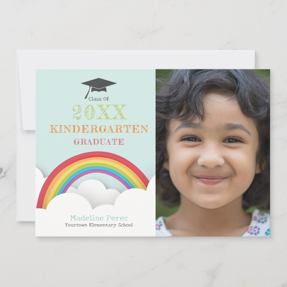 Kids Rainbow Clouds Kindergarten Graduation Photo Invitation