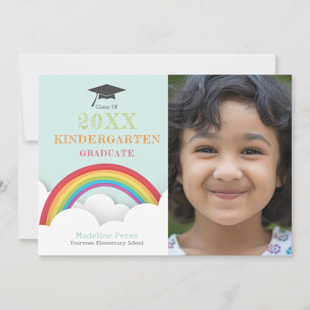 Kids Rainbow Clouds Kindergarten Graduation Photo Invitation
