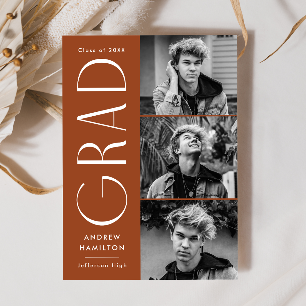 Modern Simplicity Rust 3 Photo Collage Graduation Announcement
