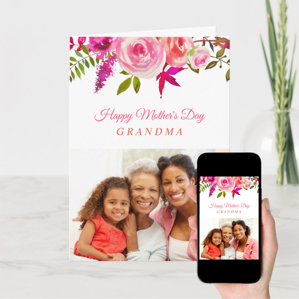 Pink Floral Mother's Day Photo Card for Grandma
