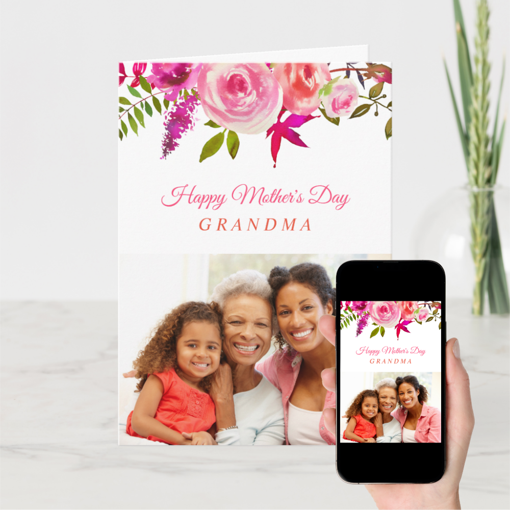 Pink Floral Mother's Day Photo Card for Grandma