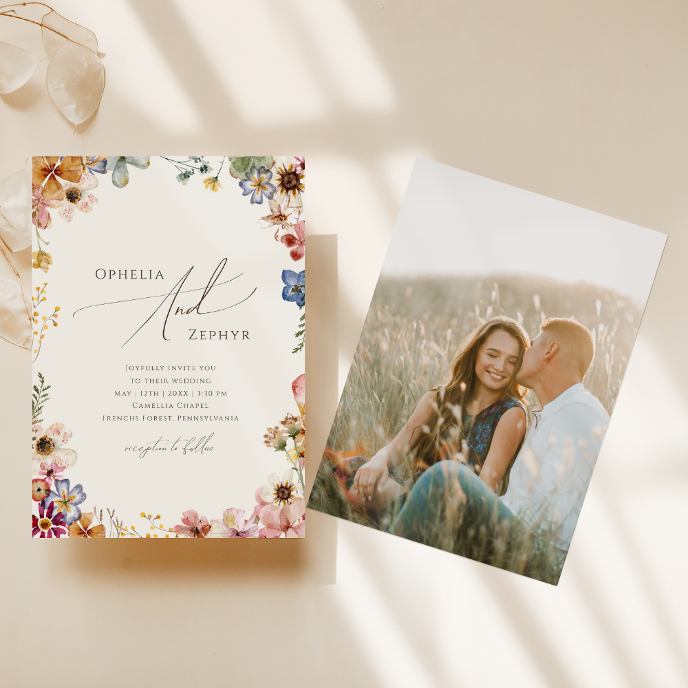 Boho Wildflower Garden Beige Photo Casual Wedding Invitation