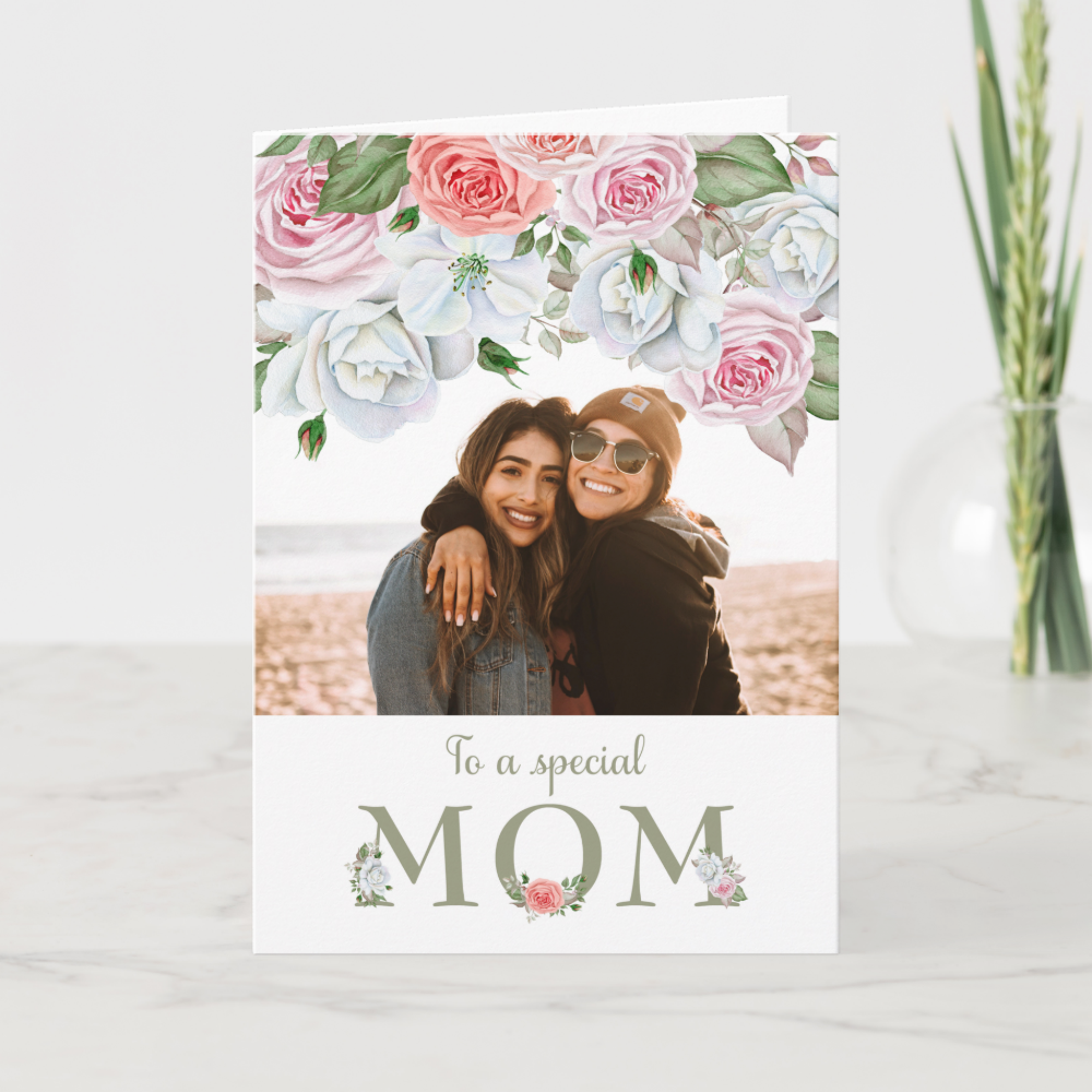 Birthday Mom Custom Photo Watercolor Flowers Card