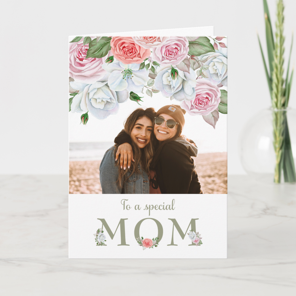 Birthday Mom Custom Photo Watercolor Flowers Card
