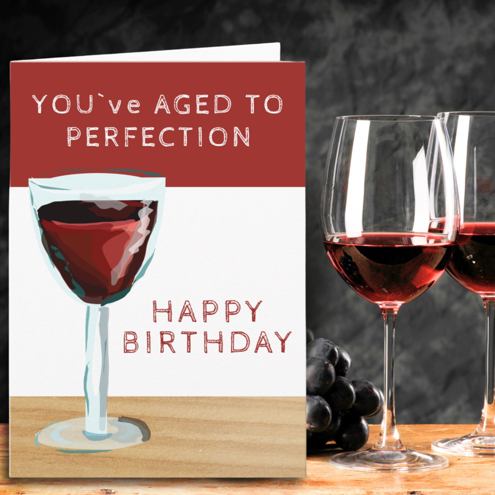 Red Wine Theme Aged to Perfection Birthday Card
