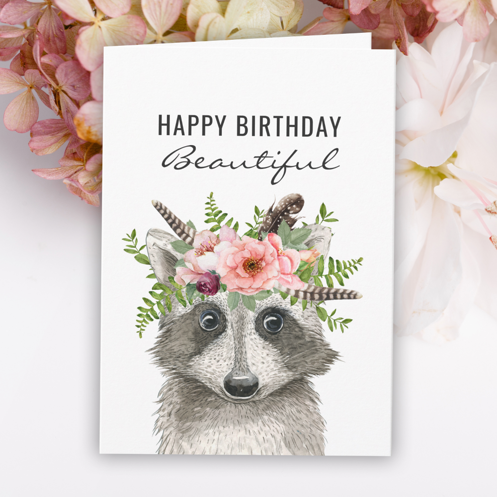 Boho Watercolor Raccoon Happy Birthday Card
