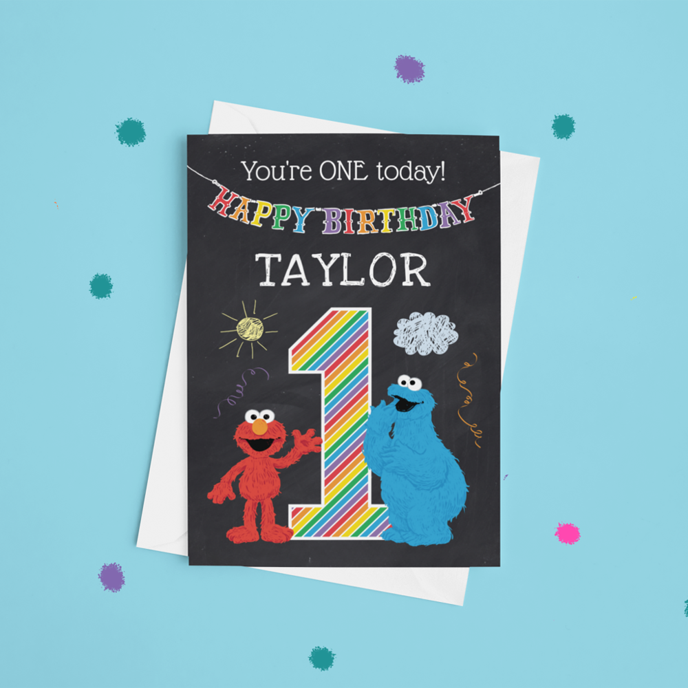 Sesame Street Pals Chalkboard Rainbow 1st Birthday Card
