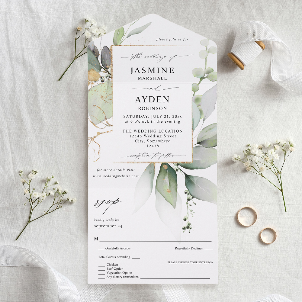 Eucalyptus Glow Gold Greenery Wedding V2 All In One Invitation