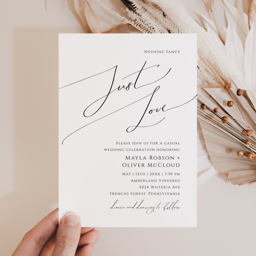 Whimsical Script Nothing Fancy Just Love Wedding Invitation