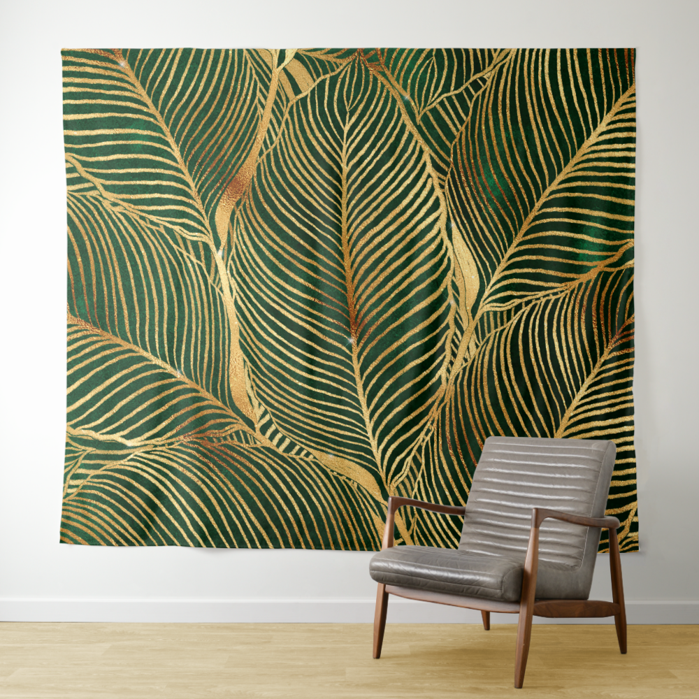 Gold Leaves Forest Green Elegant Pattern Tapestry