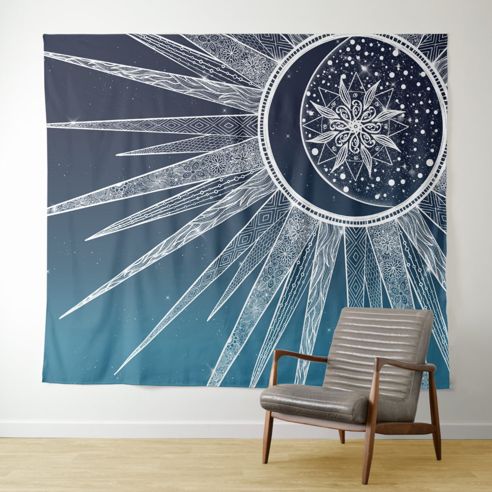 White Sun Moon Mandala Blue Gradient Design Tapestry
