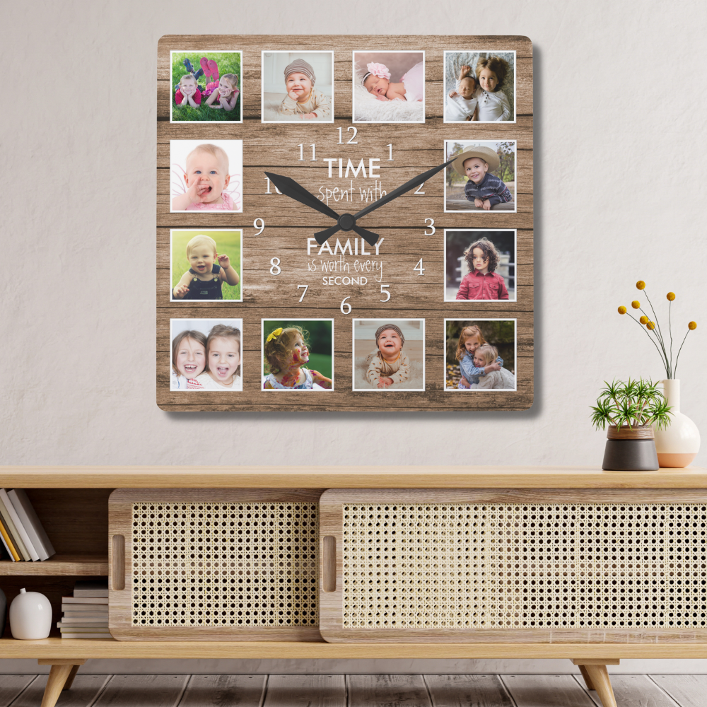 12 Photo Collage Time Spent With Family Quote Wood Square Wall Clock