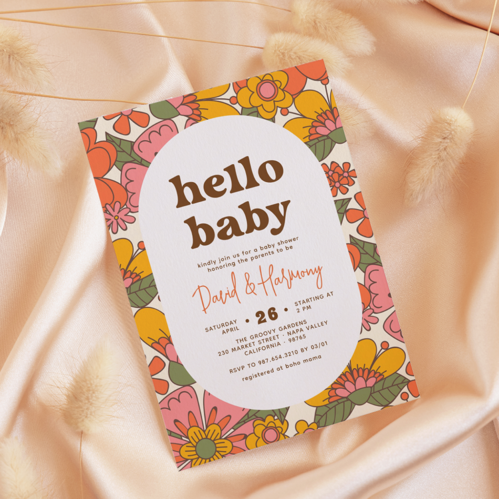 Hello Baby | Groovy Retro Flowers Boho Baby Shower Invitation
