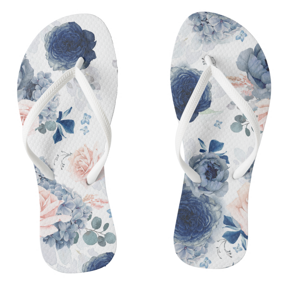 Dusty Blue and Blush Pink Floral Elegant Botanical Flip Flops