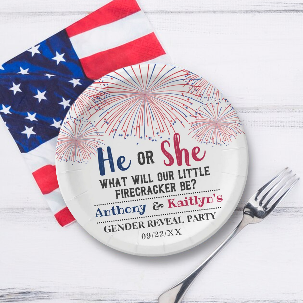 Firecracker 4th Of July Gender Reveal Party Paper Plates
