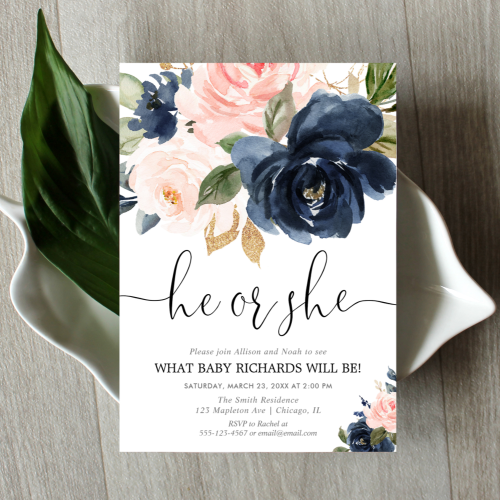 Gender reveal blush pink navy blue floral elegant invitation
