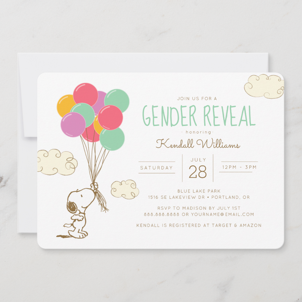 Snoopy and Balloons Gender Reveal Baby Shower Invitation
