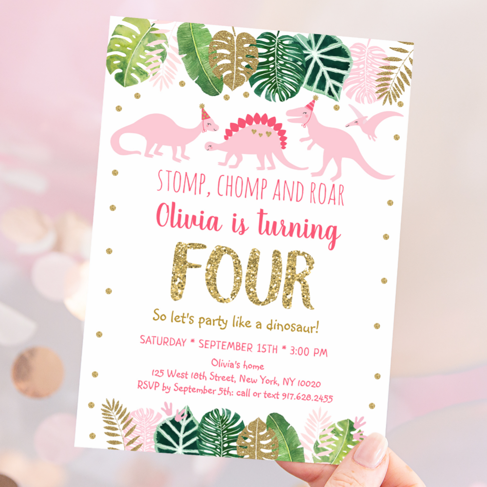 Pink Girl Dinosaur Fourth Birthday Invitation