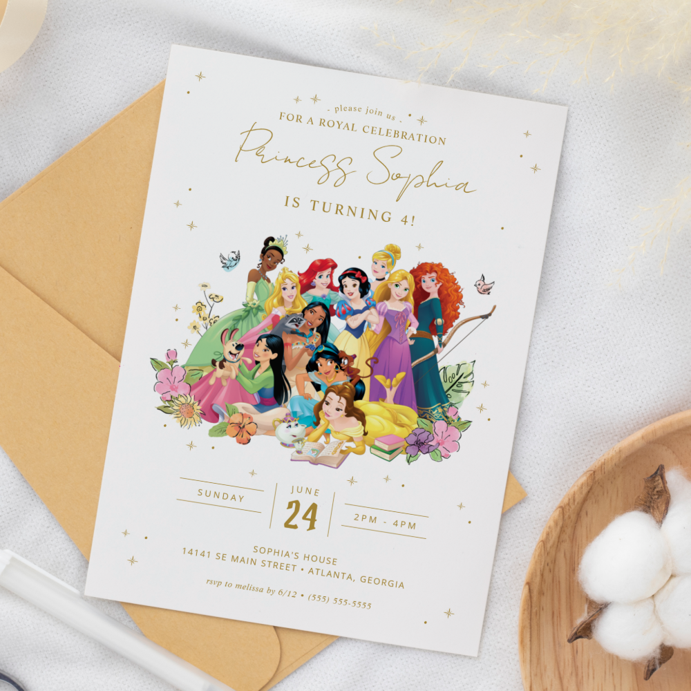Disney Princess Gold Floral Birthday Invitation
