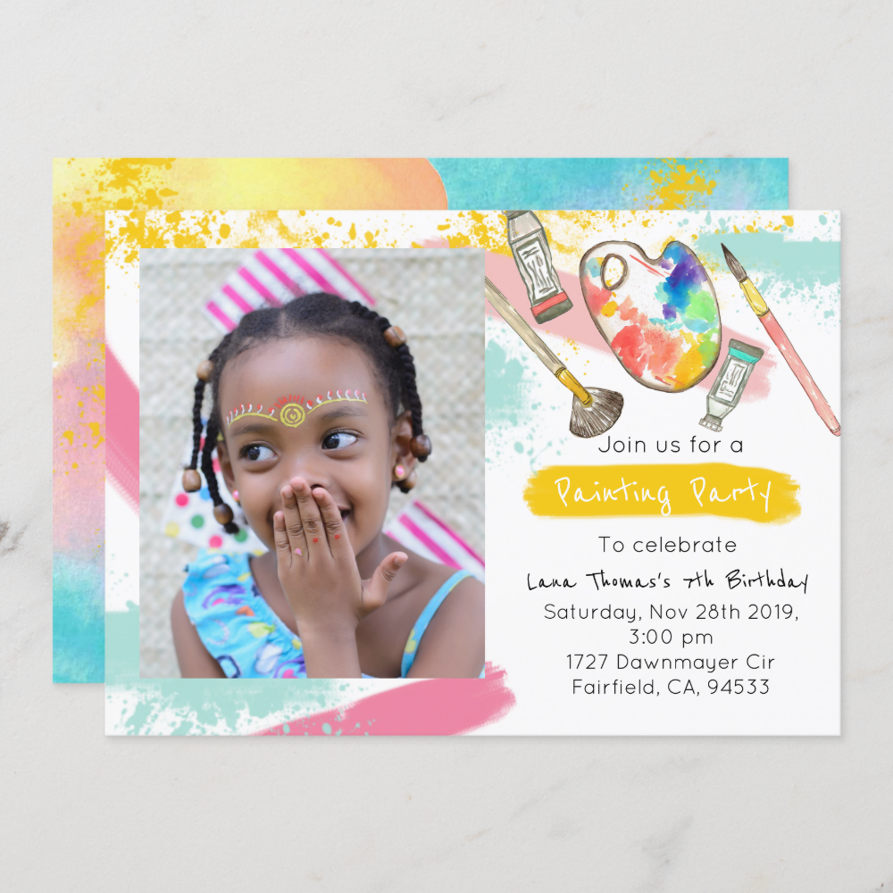 Cute kid paint party art birthday photo invite