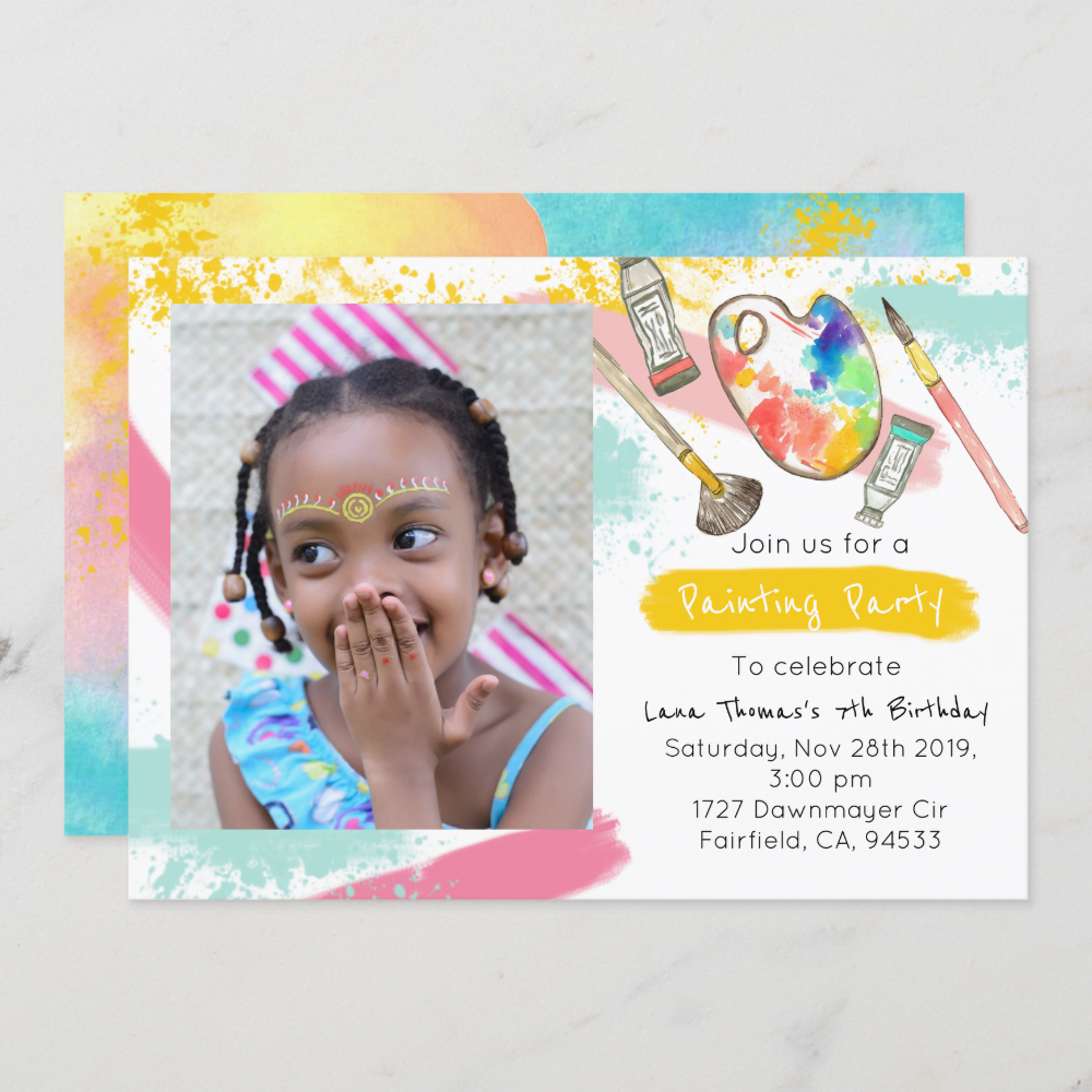 Cute kid paint party art birthday photo invite
