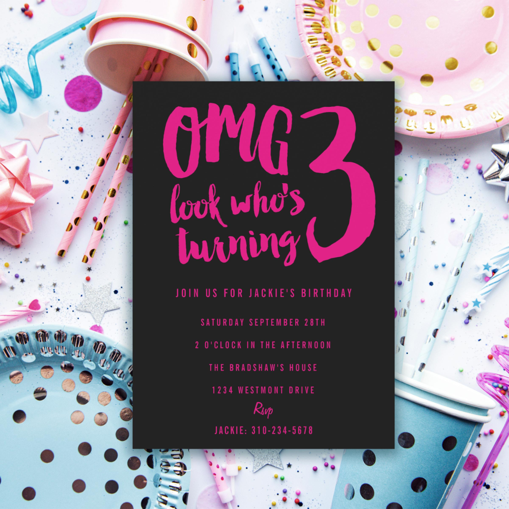 Custom Color III Third Birthday Party Invitation 3