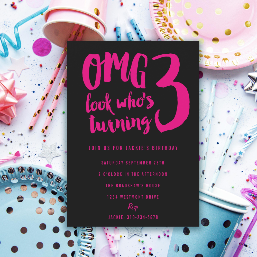 Custom Color III Third Birthday Party Invitation 3
