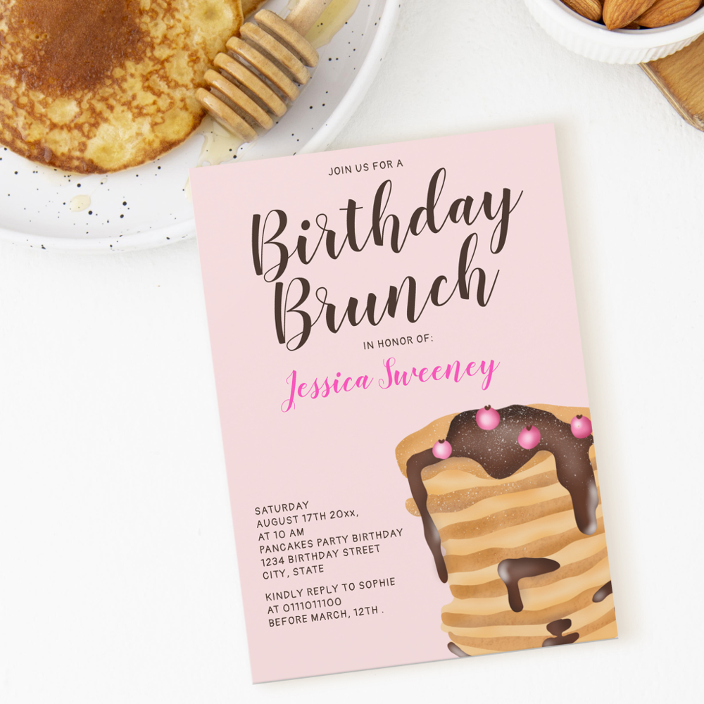 Modern pancake birthday brunch illustration pink invitation
