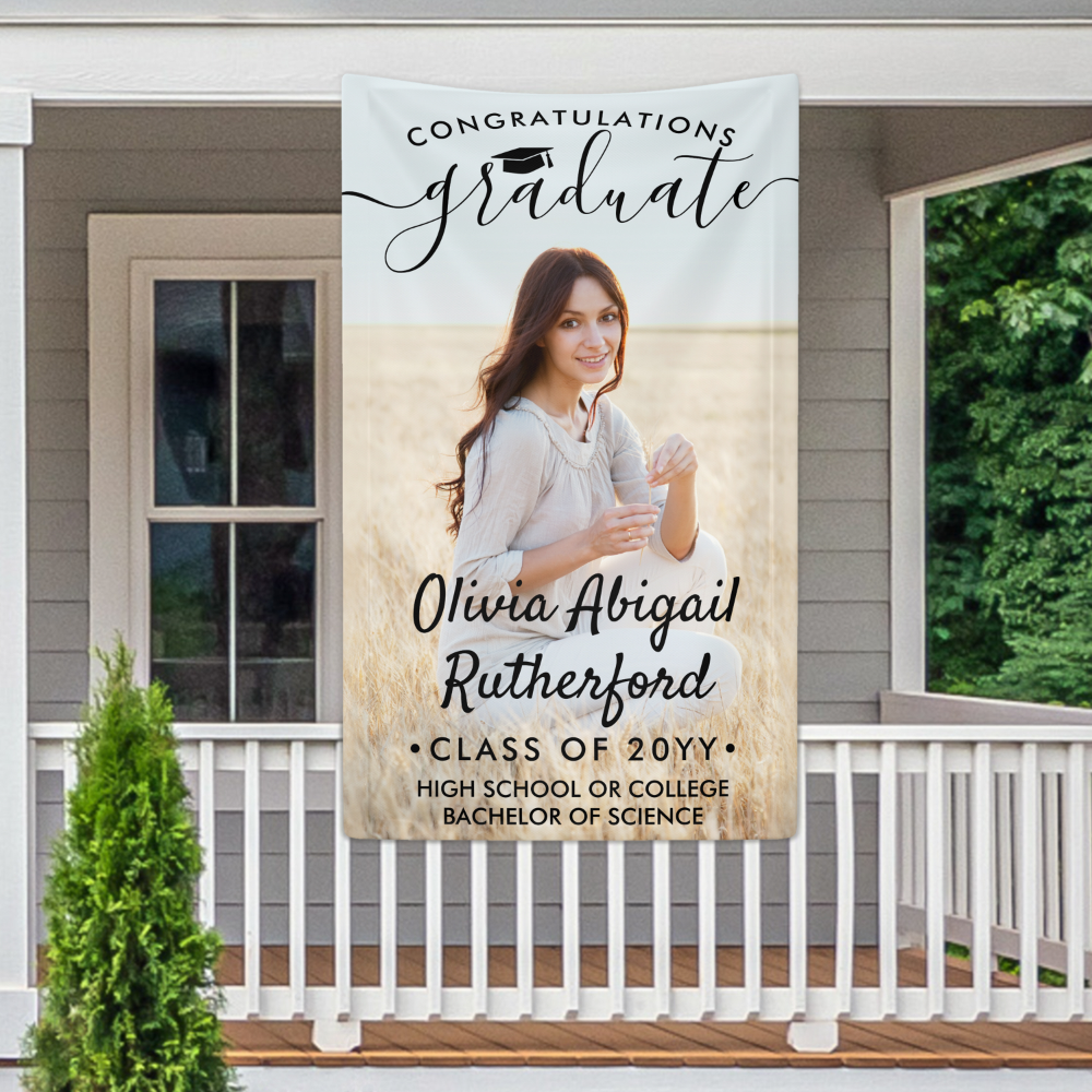 Graduation Photo & Elegant Black Script Class Year Banner
