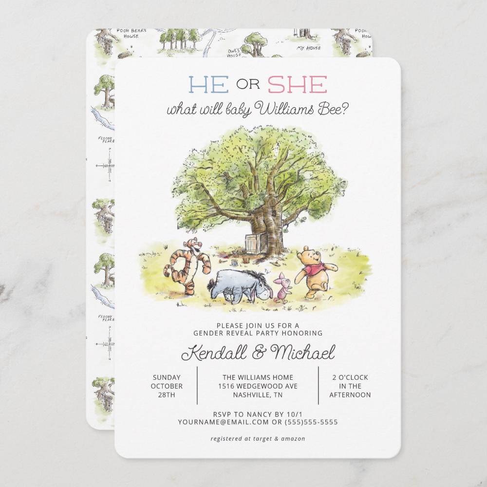 Pooh and Pals Watercolor Gender Reveal Baby Shower Invitation
