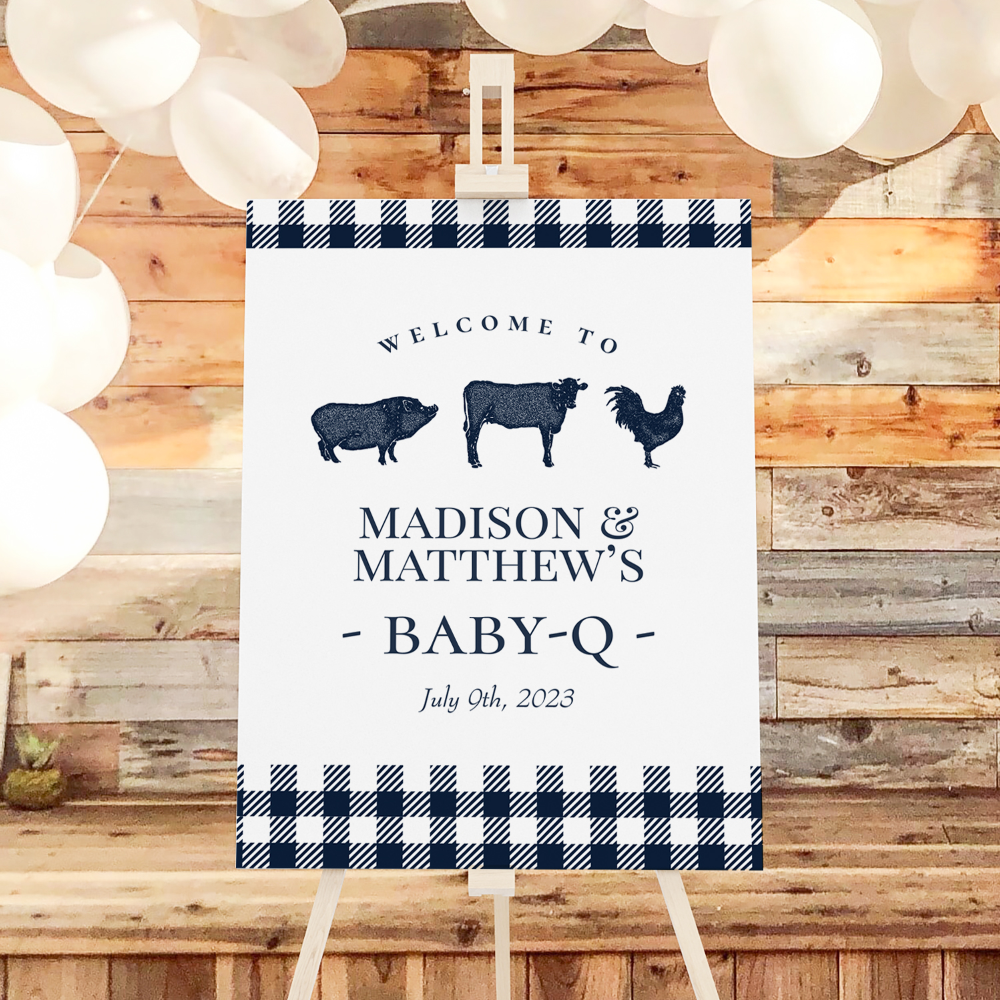 Rustic Baby BBQ Blue Plaid Welcome Sign