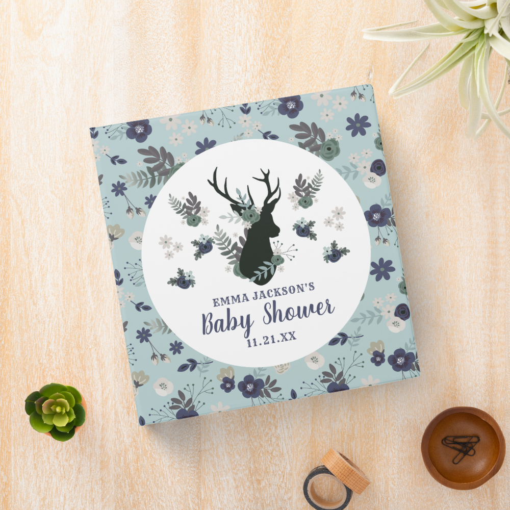 Rustic Deer Head Blue Floral Modern Baby Shower 3 Ring Binder