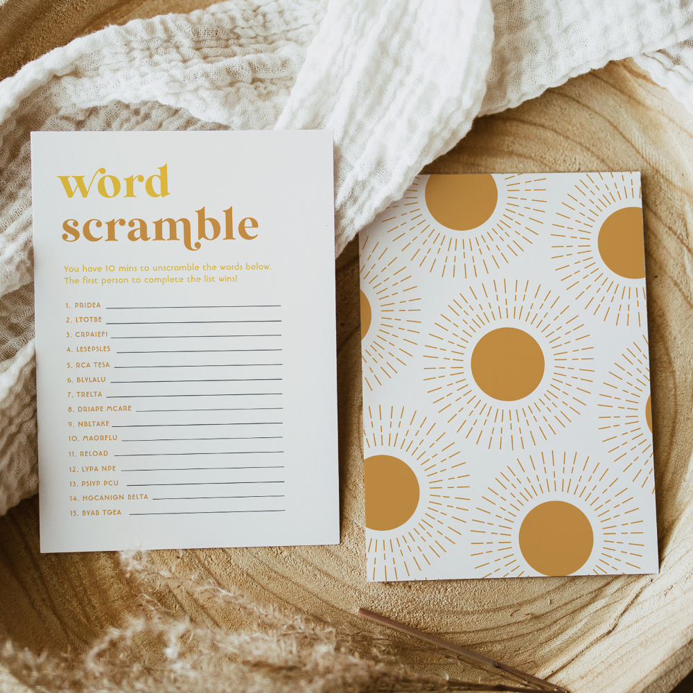 Sun Baby Shower Word Scramble Game Card