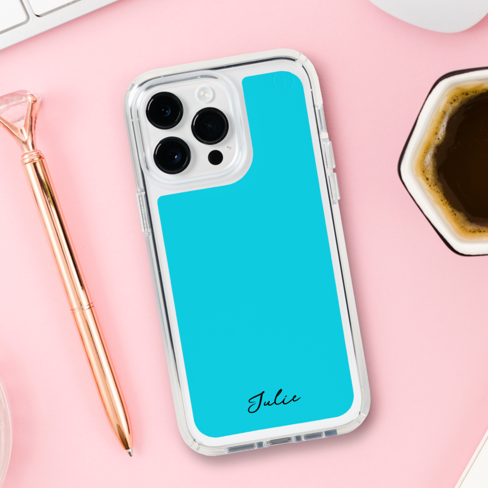Neon Blue Custom Calligraphy Name Minimal Clear Speck iPhone Case