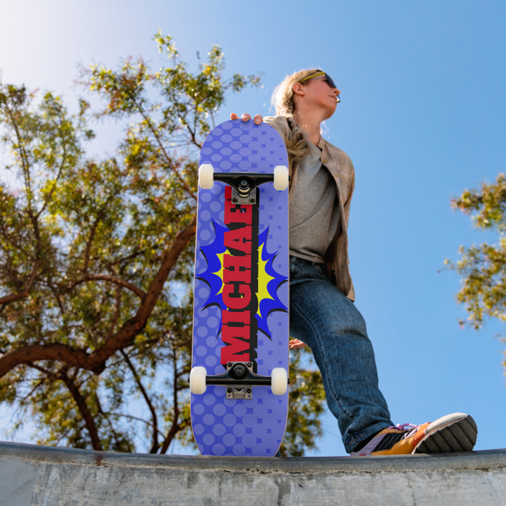 Superhero Kids Comic Book Personalized Name Skateboard
