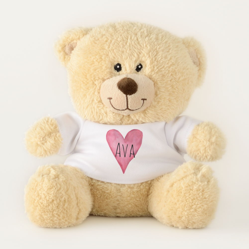 Pink Love Heart Typography with Baby Name Teddy Bear
