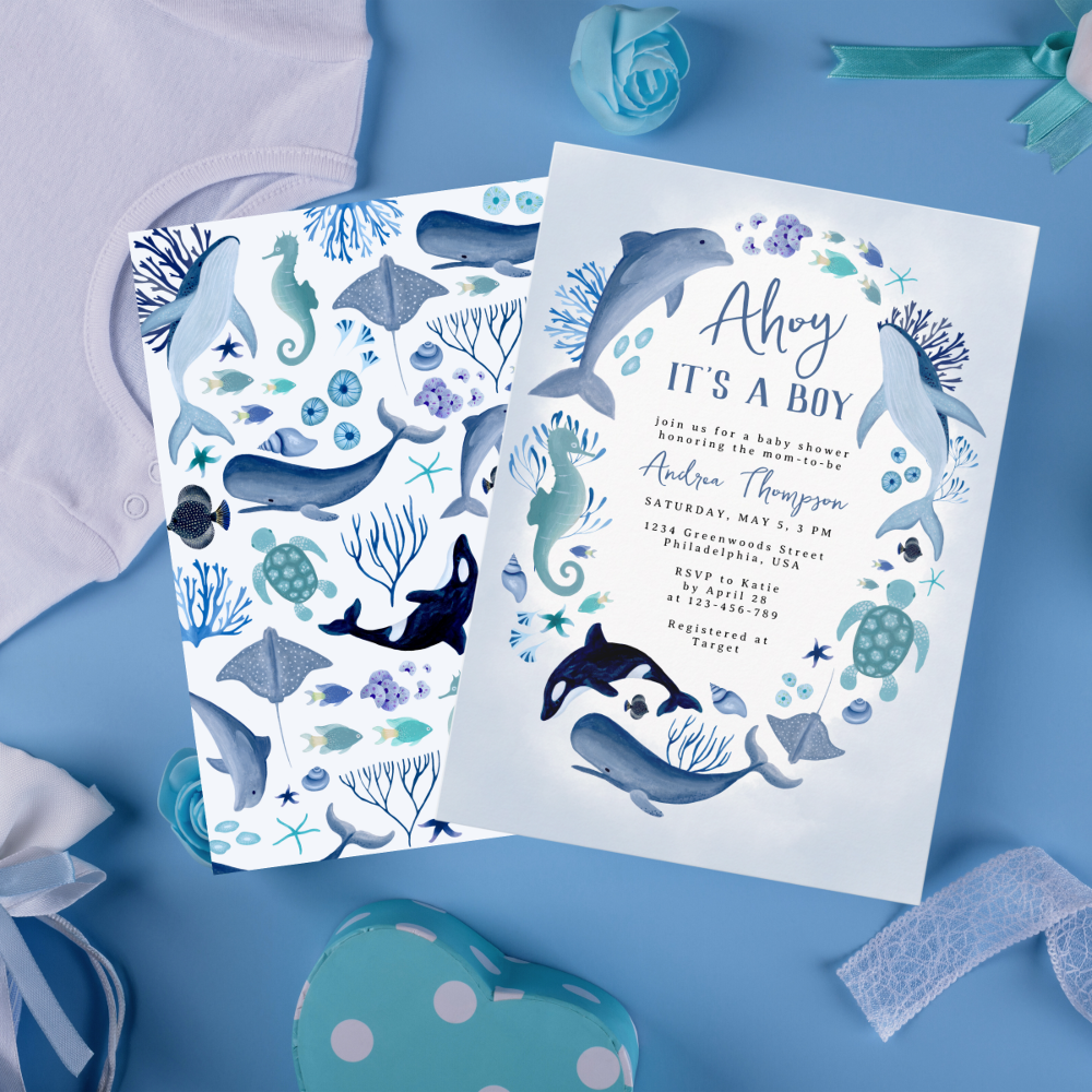 Under the Sea Blue Ahoy It's a Boy Baby Shower Invitation
