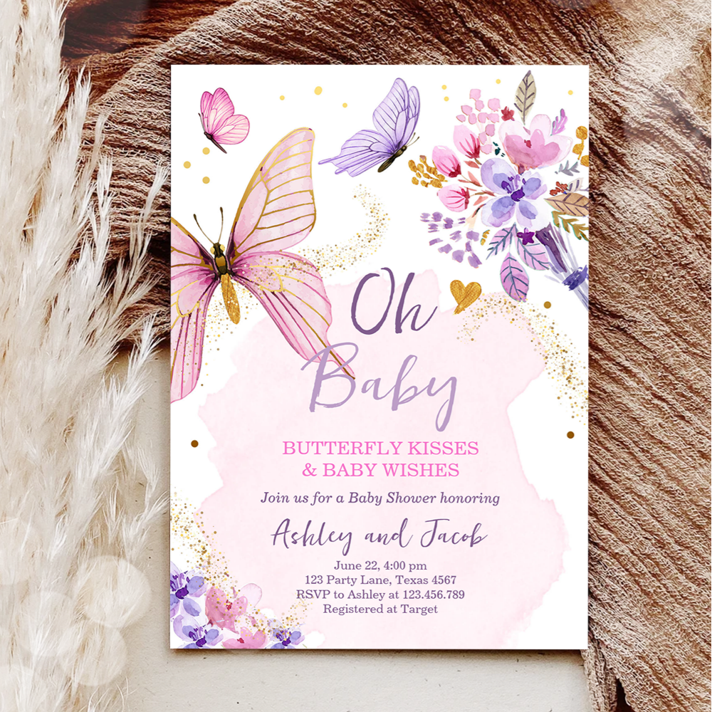 Butterfly Baby Shower Purple Floral Pink Girl Invi Invitation
