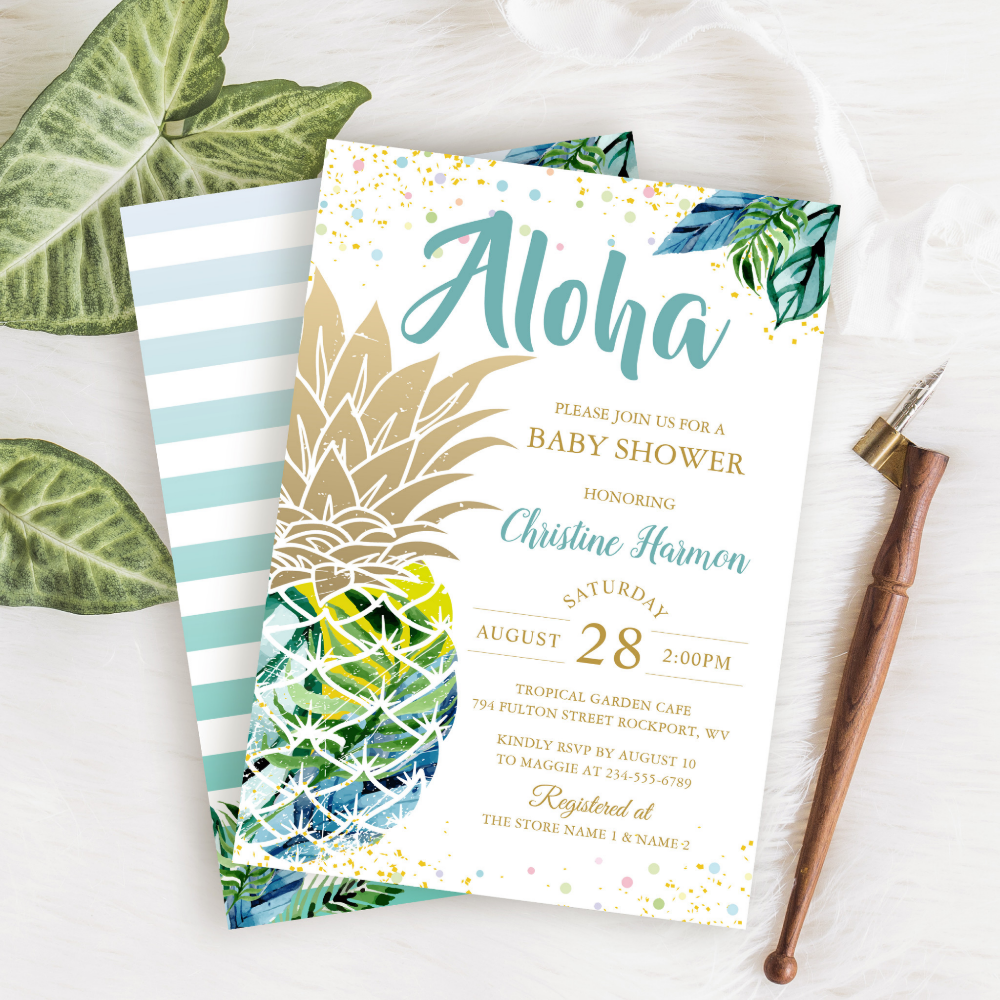 Watercolor Tropical Pineapple Beach Baby Shower Invitation

