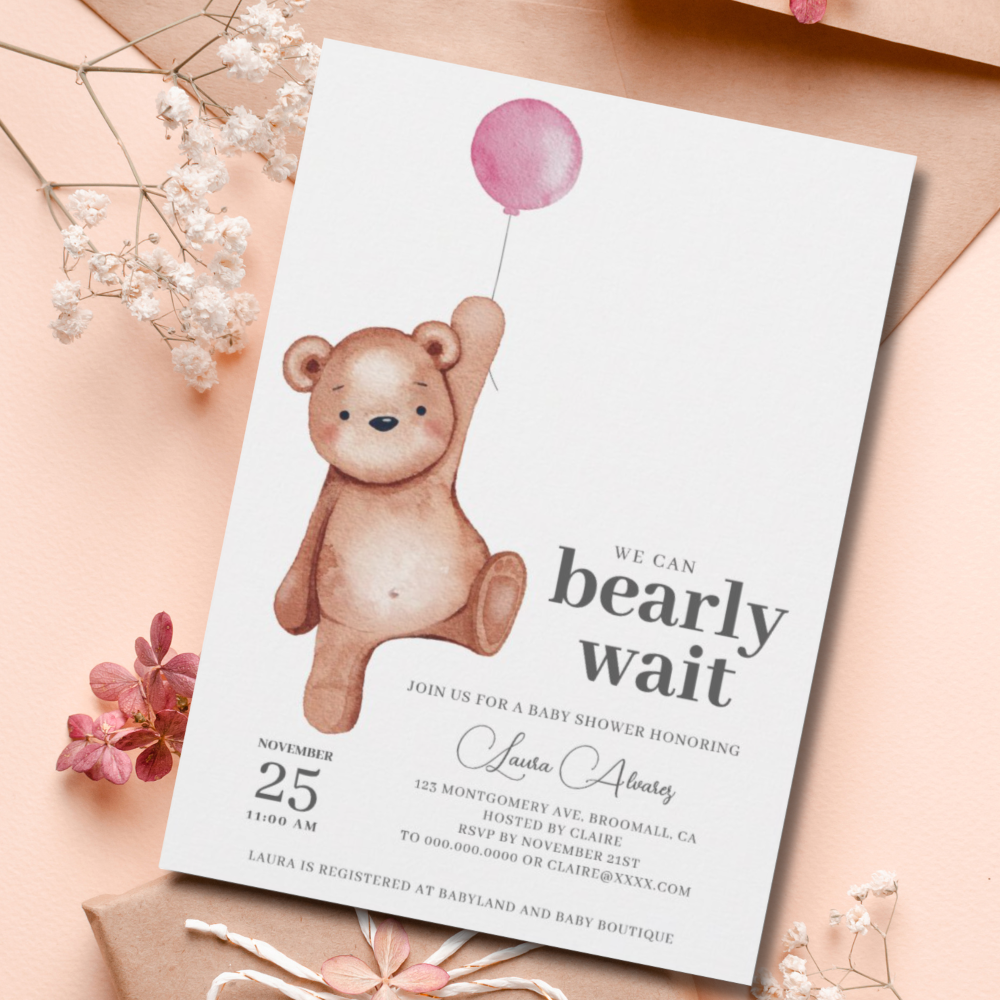 Teddy Bear Girl Baby Shower Invitation
