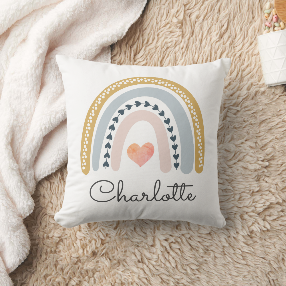 Personalized Boho Watercolor Rainbow Name Girl Throw Pillow
