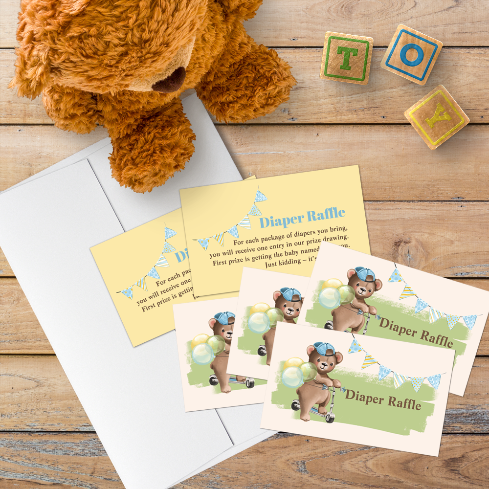 Teddy Bear on Scooter Baby Shower Diaper Raffle Business Card

