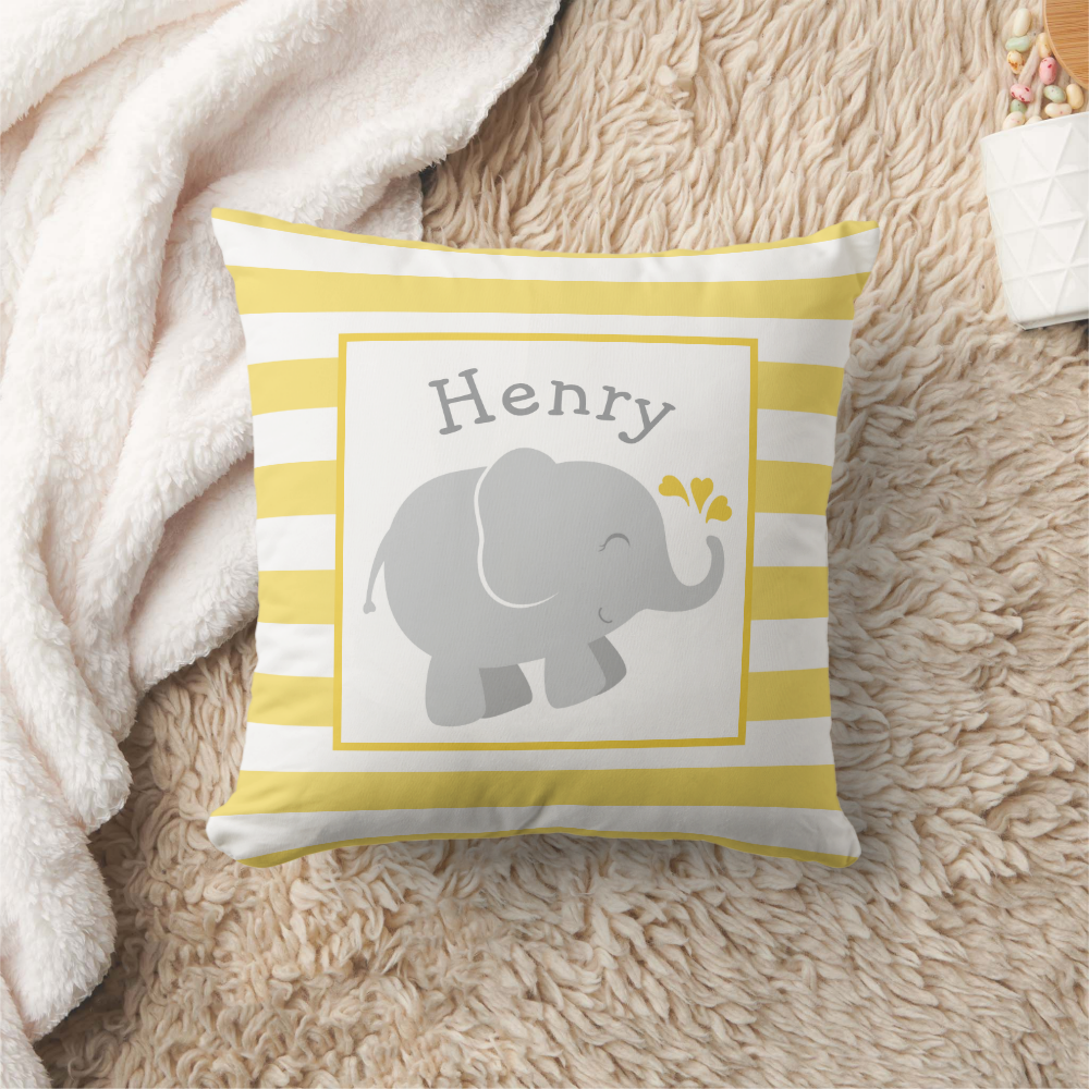 Modern Yellow and Gray Elephant Custom Monogram Throw Pillow
