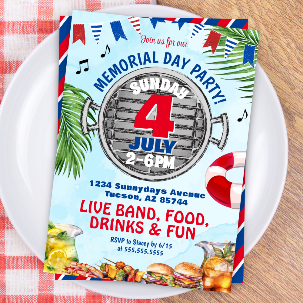 Red White and Blue Memorial Day BBQ Pool Party Invitation
