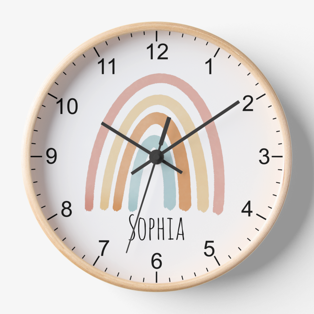 Girls Cute Boho Watercolor Rainbow and Name Clock
