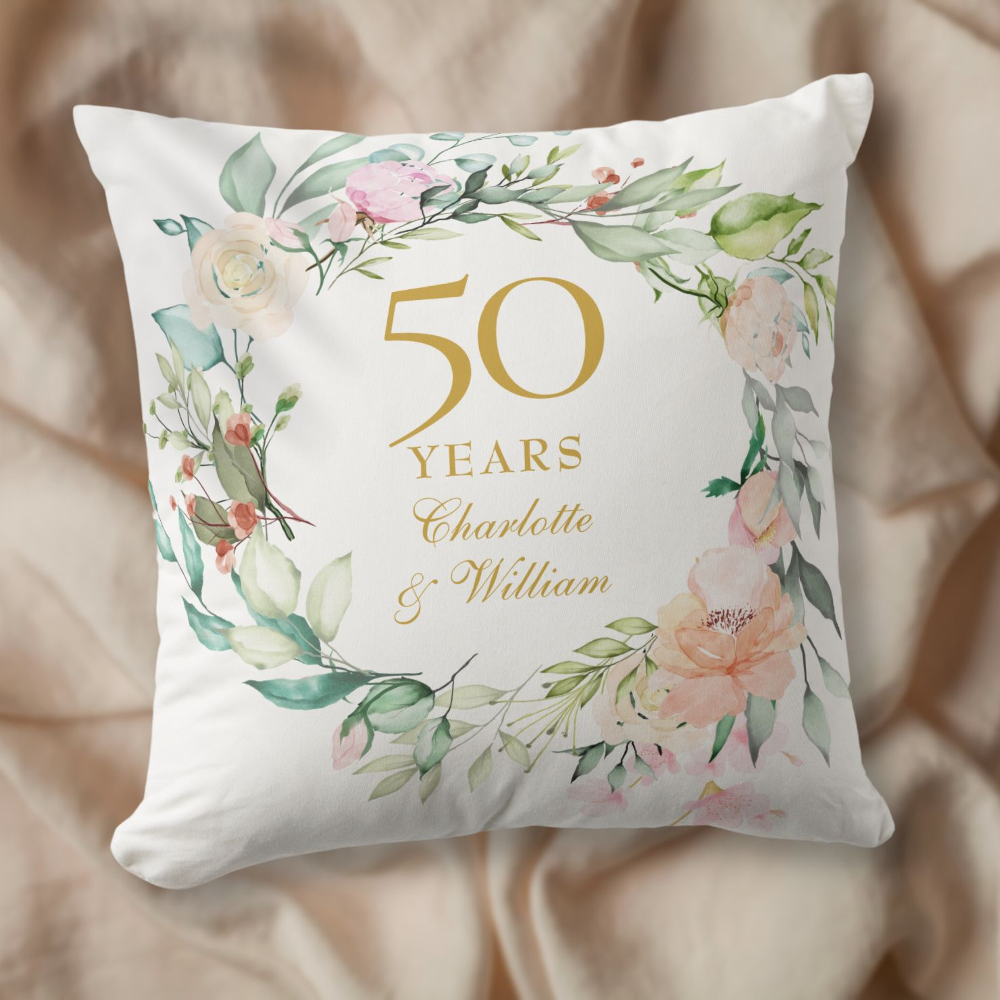 50th Golden Wedding Anniversary Roses Garland Throw Pillow