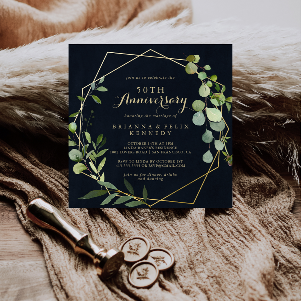 Geometric Gold Green 50th Wedding Anniversary Invitation